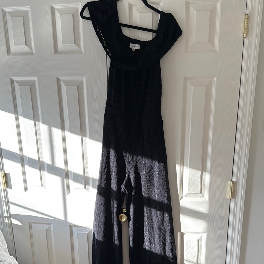 NWT NightCap Black Full Length Jumpsuit with Textured Top and Sheer Layer